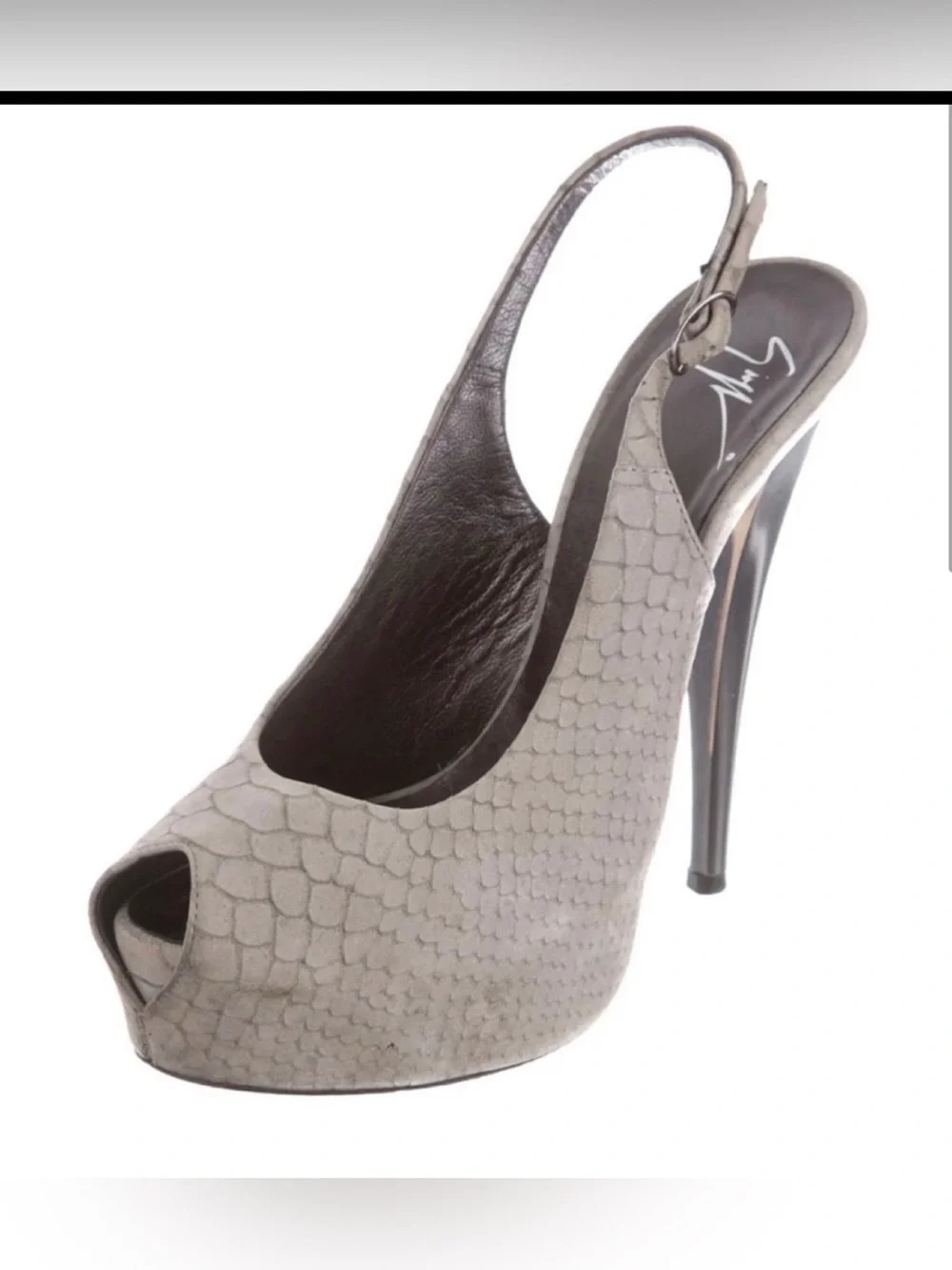 GIUSEPPE ZANOTTI Gray Python Embossed Suede Peep Toe Platform Slingback